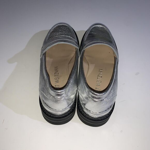 Stuart Weitzman Loafers Womens 10.5 AA Narrow Parker Lift Silver Metallic Lug - Picture 5 of 10